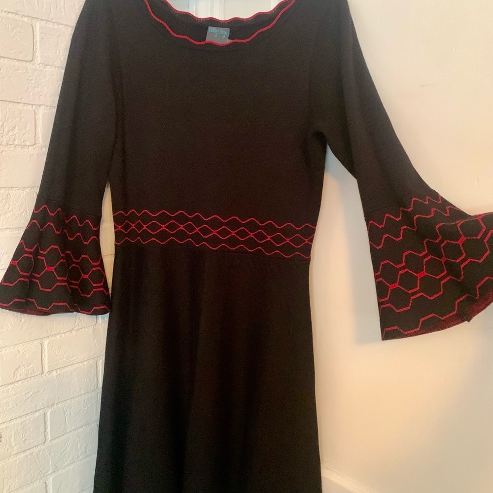 Gabby Skye Women's Black 3/4 Bell Sleeve Round Neck Sweater Fit&Flare Dress
